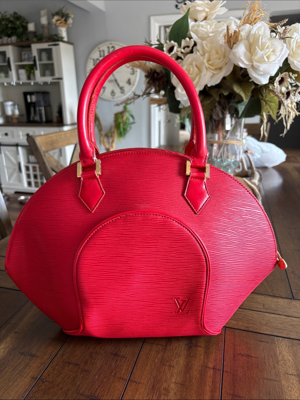 Red Structured Fashion Epi-Style Dome Satchel with Gold Accents